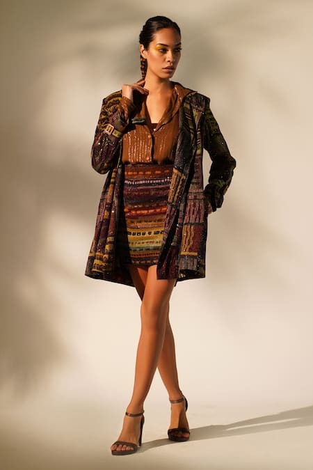 Nikita Mhaisalkar Multi Color Georgette Sequins, Embroidery Open Neck Abstract Print Trench Coat 