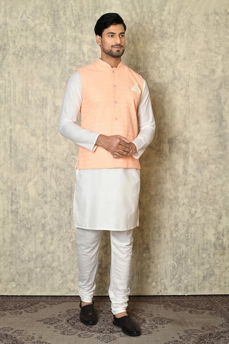 Aryavir Malhotra Geometric Chikankari Work Bundi & Plain Kurta Set 