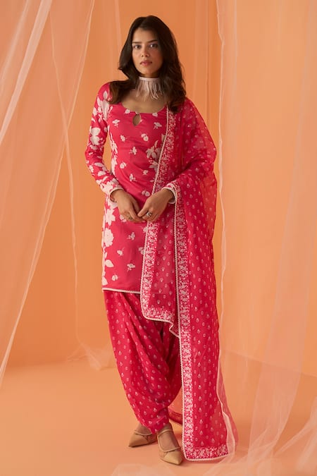 LASHKARAA Pink Chanderi Printed Floral Round Straight Kurta Set