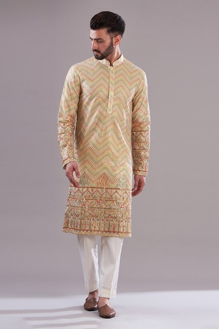 Kasbah Pink Georgette, Cotton Embroidery Chevron Pattern Thread Work Kurta