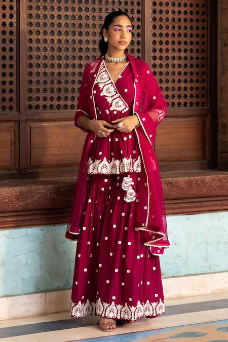 PREEVIN Embroidered Short Angarkha Sharara Set 