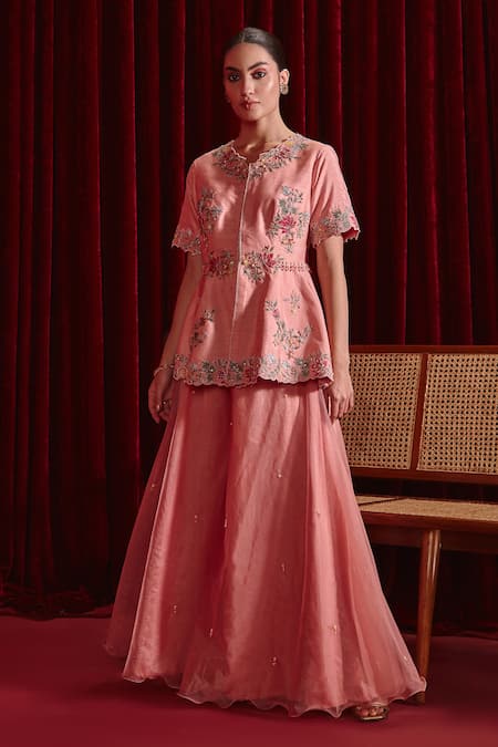 Ajiesh Oberoi Pink Dupion Silk And Organza Embroidered Floral Urvi Floret Jacket & Sharara Set 