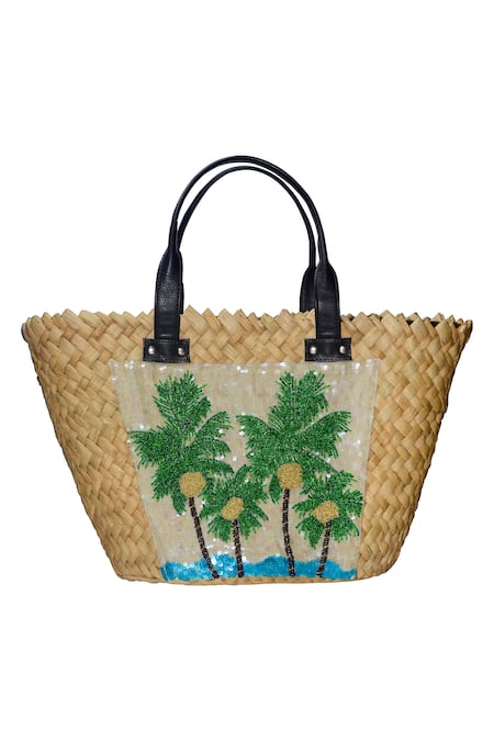 Gin & Tonic Palm Tree Embellished Basket Woven Beach Bag 