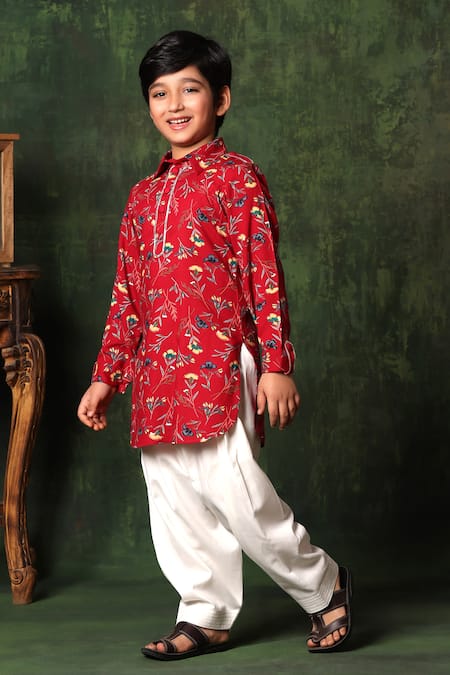 LittleCheer Red Kurta  Viscose Cotton Printed Floral And Salwar Set 