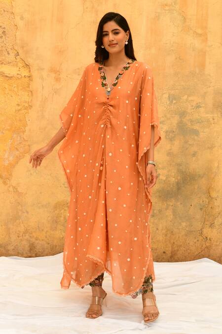 Label Niti Bothra Peach Pure And Handwoven Banarasi Silk Embroidery Rosette V Kaftan With Palazzo