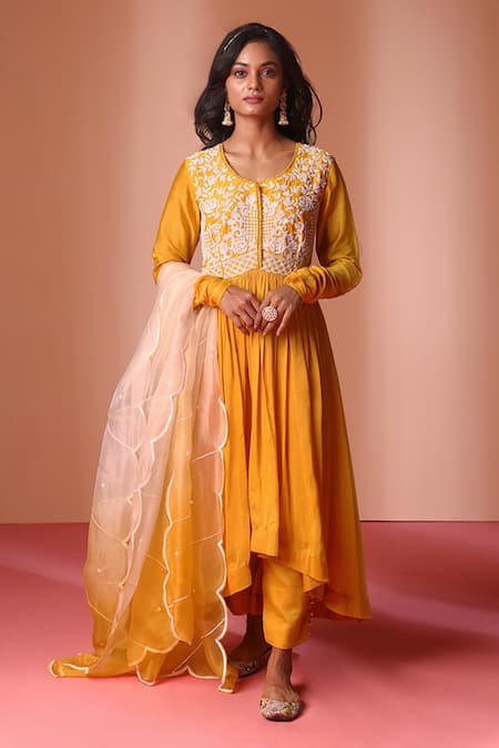 Soha by Harleen and Sona Chanderi Silk High-Low Anarkali Pant Set 