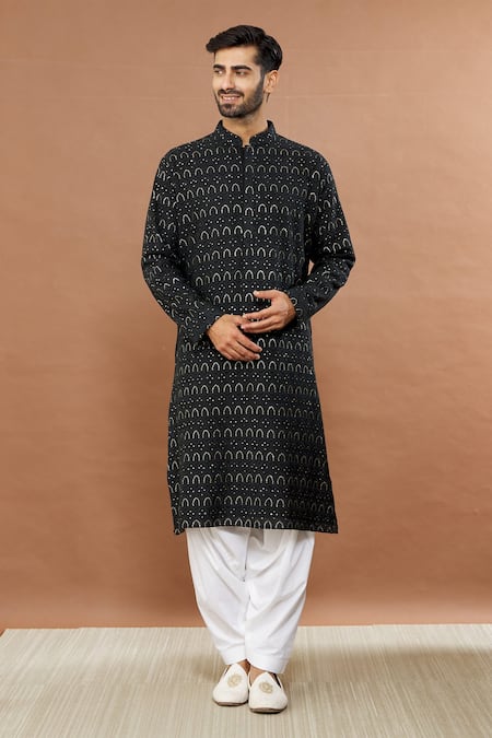 Aham-Vayam Black Cotton Embroidered Floral Geometric Chamkila Kurta Set