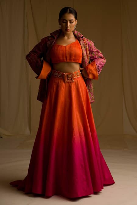Megha Bansal Orange Raw , Banarasi , Organza Jamavar Kaashi Ombre Lehenga Set