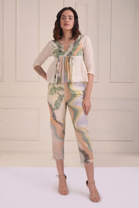 Shwetanga Ivory Cotton Pearls Open Neck Organic Top And Cropped Pant Set 