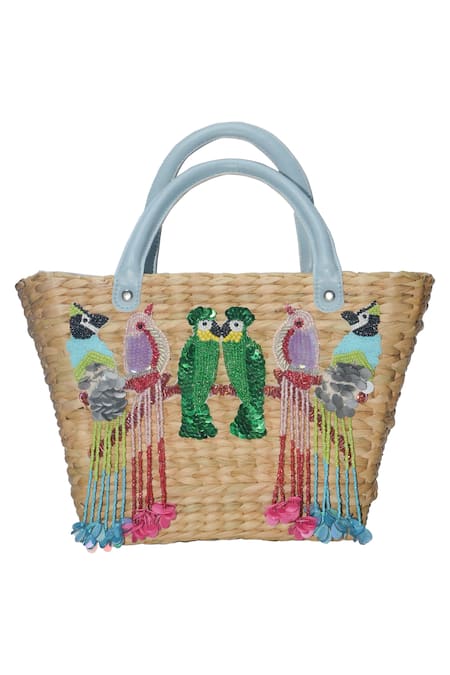 GINN AND TONIK Beige Sequin And Beads Parrot Embellished Basket Woven Beach Bag 