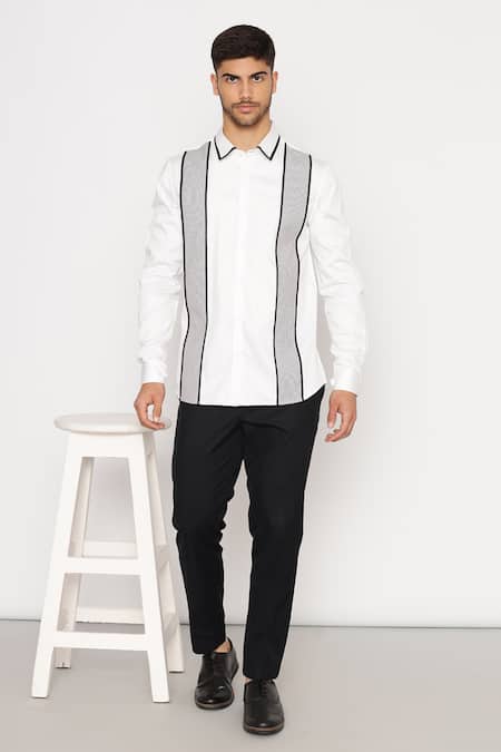 Lacquer Embassy White Cotton Piping Striped Print Designer Shirt 