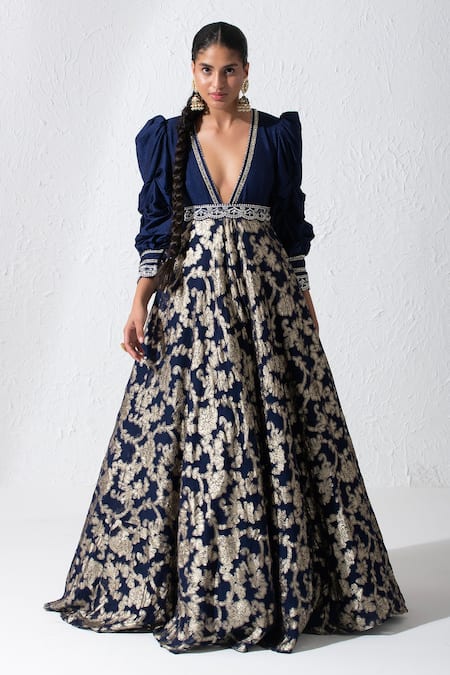 Rishi and Vibhuti Blue Raw Silk And Georgette Embroidery & Woven Modesty Neckline Dress With Belt