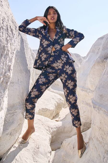 Buy Dash And Dot Blue Polyester Embroidery Floral Pattern Pant at Aza Fashions Buy_Dash And Dot_Blue Polyester Embroidery Floral Pattern Pant_at_Aza_Fashions