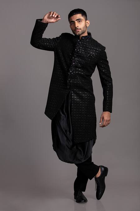 Jayesh Shah_Black Polinosic Embroidered Sequins Sherwani Set_Online_at_Aza_Fashions
