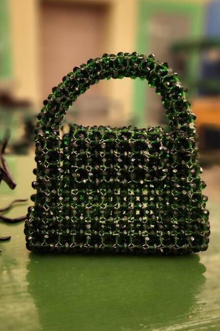 Shop Handle Those Bags Green Beads Crystal Flap Bag at Aza Fashions Shop_Handle Those Bags_Green Beads Crystal Flap Bag_at_Aza_Fashions