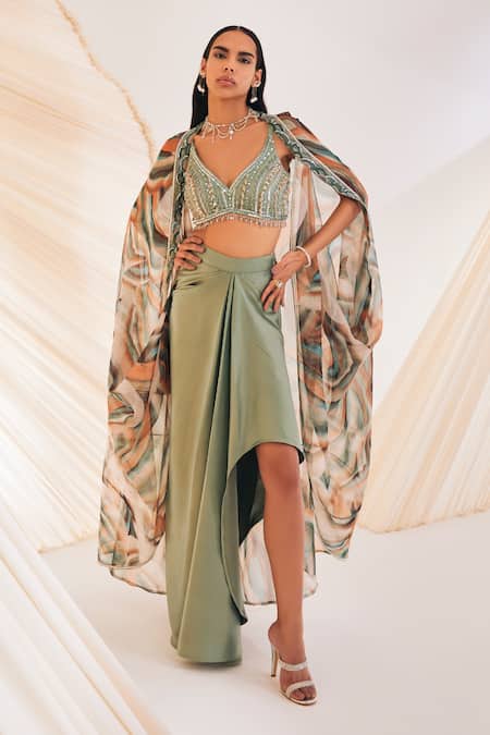 Divya Aggarwal Green Satin Embroidery V-neck Multi Color Marble Effect Cape Skirt Set 