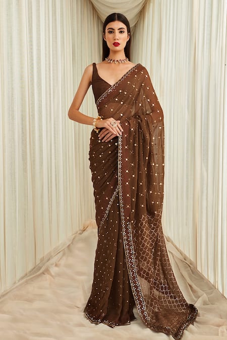 Sawan Gandhi Mirror Embellished Mukaish Work Saree Set 