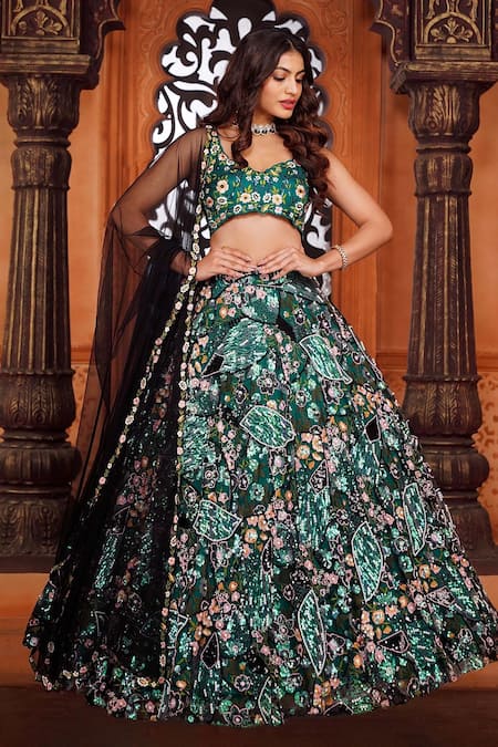Buy Black Chanderi And Organza & Embroidery Floral Lehenga Set For Women by  Seeaash Online at Aza Fashions.