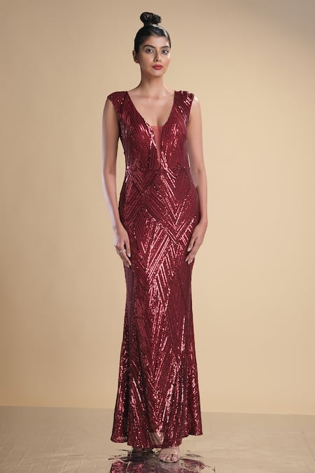 Kommal Sood Maroon Lycra Stretch Net Work Graphic Pattern Cap Sleeve Gown 