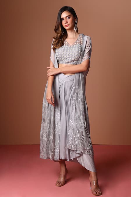 Soha by Harleen and Sona Crystal Embroidered Swirl Pattern Cape Skirt Set 