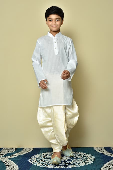 Petite Pomme White Cotton, Silk Patterned Kurta And Dhoti Set
