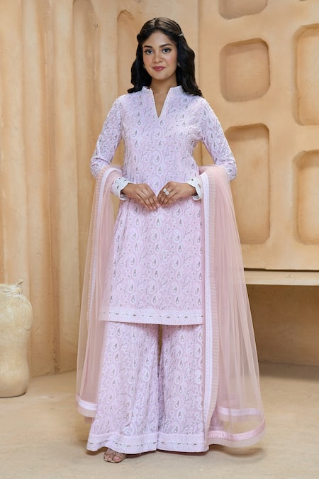 Shop Aariyana Couture Pink Georgette, Net Pearls, Embroidery Floral And Paisley Kurta Sharara Set Online at Aza Fashions Shop_Aariyana Couture_Pink Georgette, Net Pearls, Embroidery Floral And Paisley Kurta Sharara Set_Online_at_Aza_Fashions