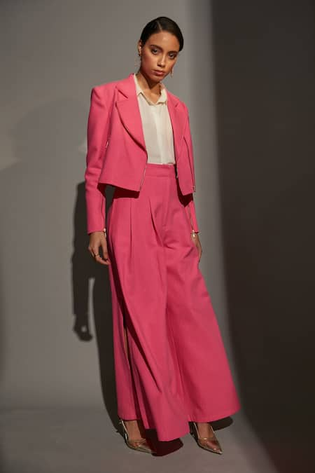 Betrue Pink 100% Cotton Notched Lapel Blazer And Palazzo Set  