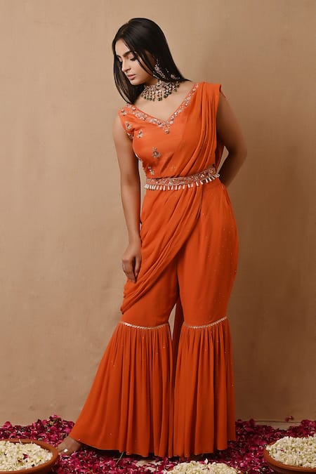 Label Nitisha Orange Georgette Hand Embroidered Mukaish V Pre-draped Pant Saree And Blouse Set 