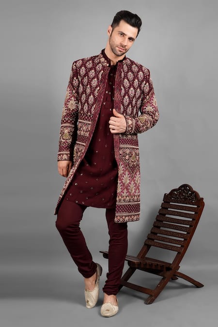 Soniya G Maroon Velvet Embroidery Paisley Sherwani Set 