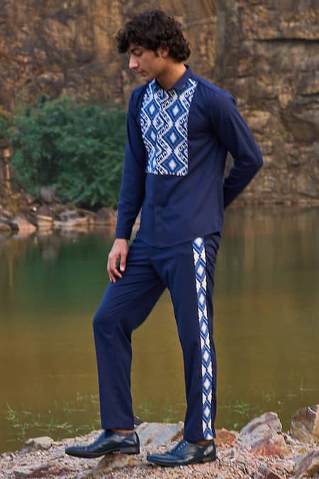 Dash And Dot Blue 2% Lycra, 35% Viscose, 63% Polyester Geometric Pattern Jacquard Pant Set 