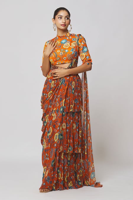 DiyaRajvvir Printed Pre-Draped Saree With Blouse 