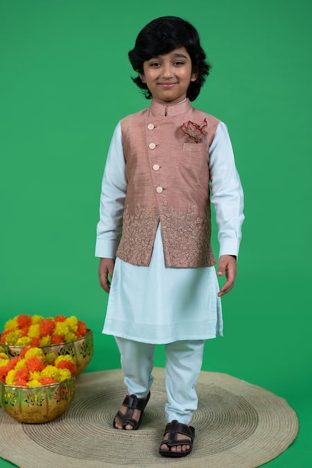 Little Boys Closet Brown Silk, Cotton Embroidery Resham Thread Kurta Set 