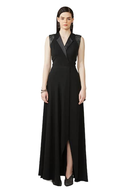 Rohit Gandhi + Rahul Khanna Black Heavy Crepe Embellished Lapel Overlap Wrap Dress 