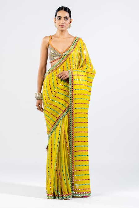 Vvani by Vani Vats Mirror Work Pre-Draped Saree With Metallic Blouse 