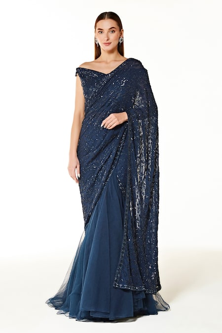 Rabani & Rakha Blue Net Hand Embroidered Sequins Carmen Sairaa Lehenga Saree Set  