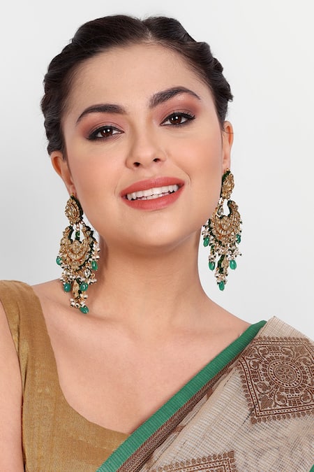 Shop Auraa Trends Green Beads, Diamonds Kundan Embellished Chandbalis at Aza Fashions Shop_Auraa Trends_Green Beads, Diamonds Kundan Embellished Chandbalis _at_Aza_Fashions