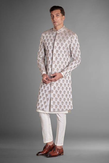 More Mischief Floral Embroidered Silk Linen Sherwani 