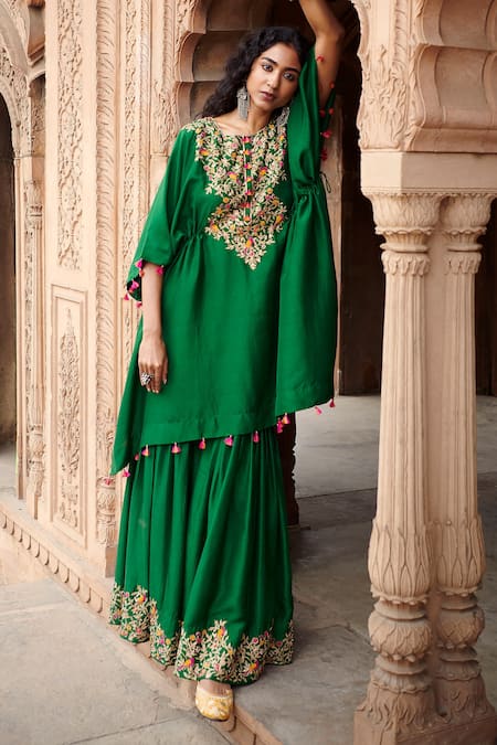 Pink City by Sarika Green Silk Embroidered Zari Round Bageecha Yoke Kaftan With Sharara  