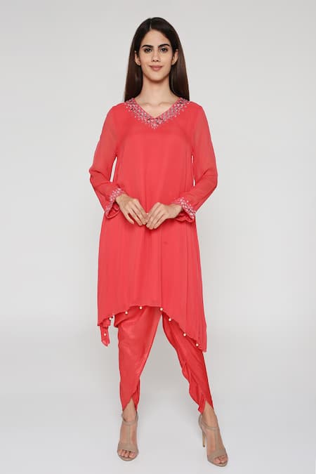 Bha sha Rita Neck Embroidered Tunic & Dhoti Pant Set 