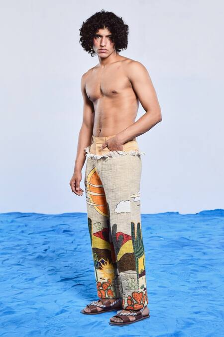 Buy Triune Multi Color Handloom Cotton And Twill Printed Digital Sundowner Pant at Aza Fashions Buy_Triune_Multi Color Handloom Cotton And Twill Printed Digital Sundowner Pant _at_Aza_Fashions