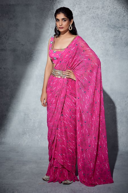 Senren by Eshana Raut Pink Blouse Crepe Print Flower Square Pre-draped Bloom Saree With 