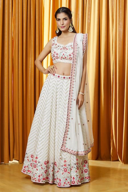 Handmade shibori print and zari border white black and red colour  combination lehenga choli set in pure chanderi silk - Lotus Lehenga Choli