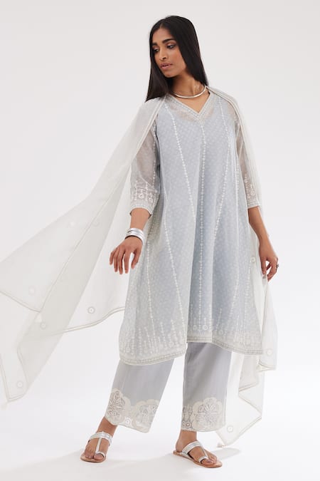 Kora Blue Cotton, Chanderi Sequins, Embroidery, Lace Round Kurta Set With Dupatta