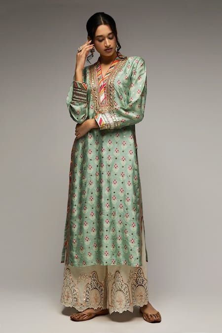 Buy Grey 100% Linen Round Hand Embroidered Asymmetric Kurta For Women by  Linen Bloom Online at Aza Fashions.