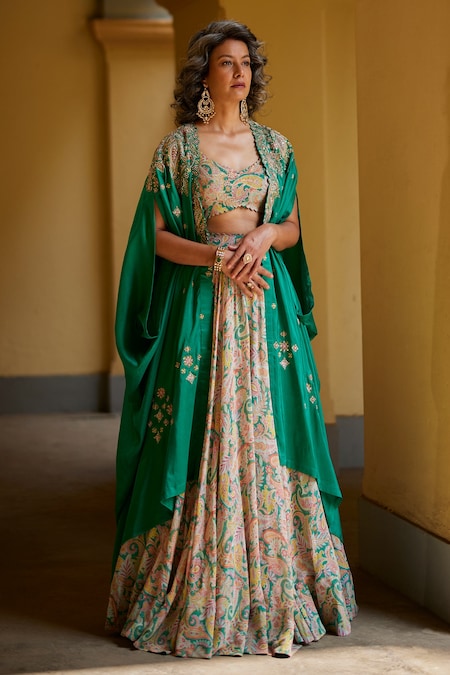 Buy Green Blouse And Dupatta Net Applique Floral V Raw Silk Lehenga Set For  Women by KIRAN KALSI Online at Aza Fashions.