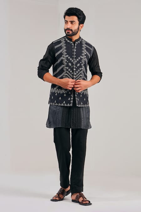 Shreyansh Designs Black Dupion Silk Embellished Mirror Work Nehru Jacket  