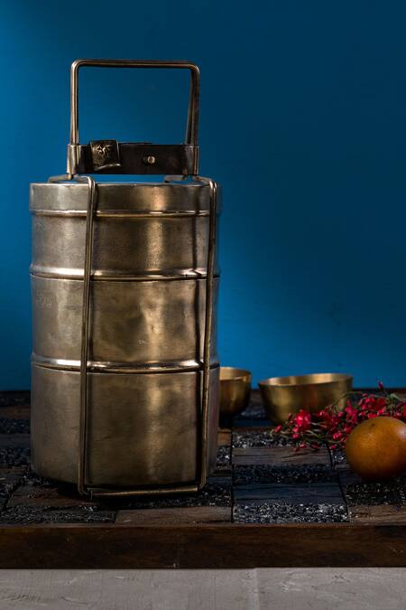 Purana Darwaza Gold Brass Vintage 3 Tier Tiffin Box