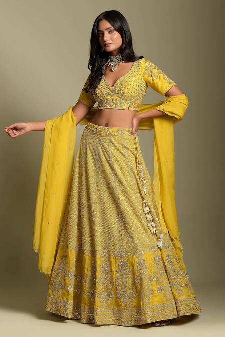 Buy Two Sisters By Gyans Yellow Organza Aari Embroidered Lehenga Set at Aza Fashions Buy_Two Sisters By Gyans_Yellow Organza Aari Embroidered Lehenga Set_at_Aza_Fashions