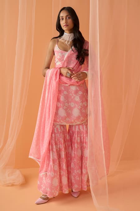 LASHKARAA Pink Chanderi Printed Floral U Neck Straight Kurta Gharara Set