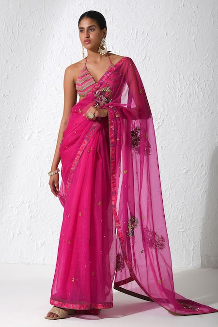 Rishi and Vibhuti Pink Organza And Raw Silk Embroidered Thread Halter Neck Saree With Bralette 